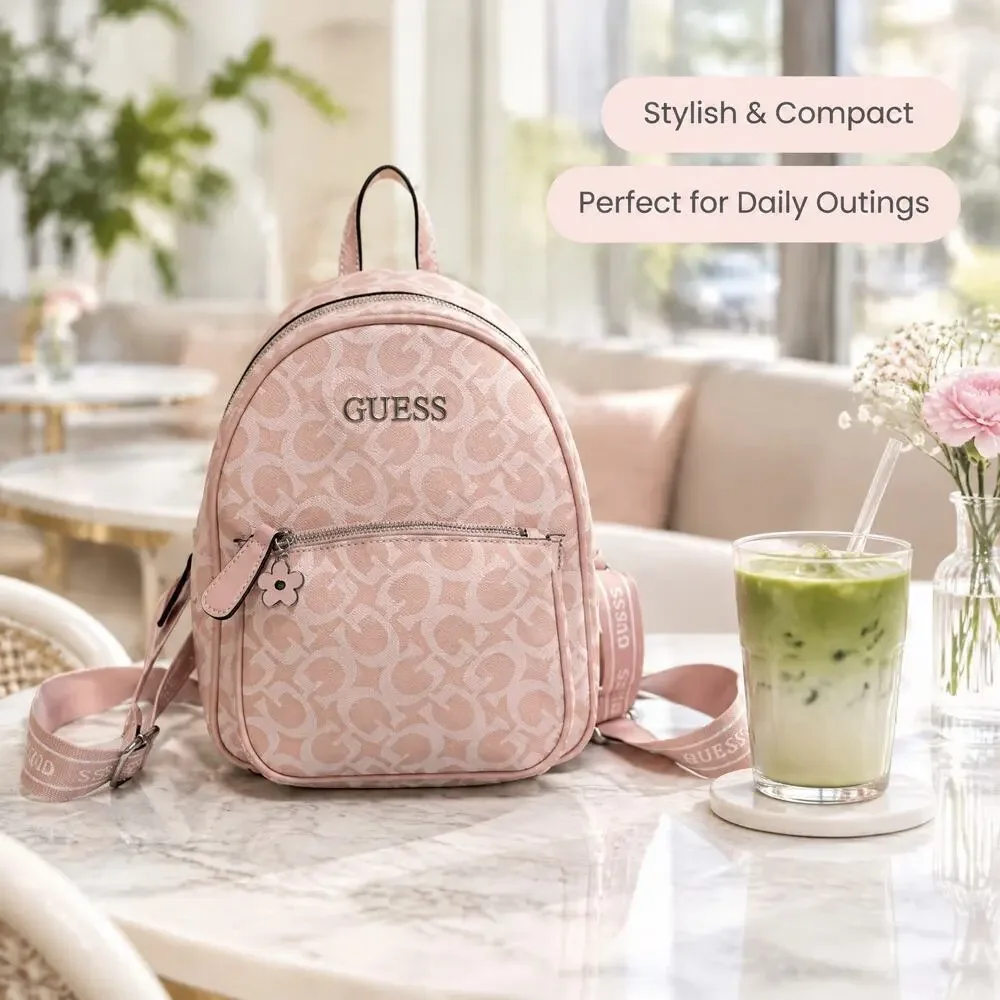 GUESS Nessa Mini Backpack Blush Pink Monogram Logo Adjustable Strap Purse